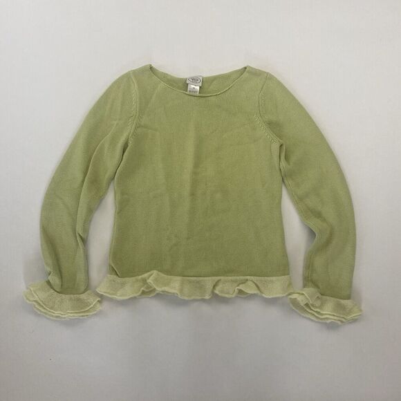 VTG Talbots Kids Green Cable Knit Sweater Ruffle Hem Sz 14 Pullover 100% Cotton - Picture 2 of 11